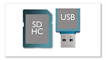 USB Direct e slots para cartão SD/SDHC para  reprodução de músicas e vídeos