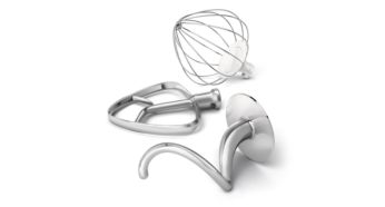 Metal kneading hook, whisk and beater, designed to perform