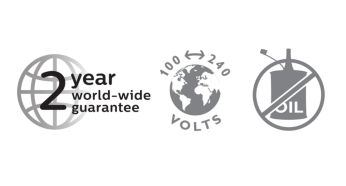 2 year guarantee, worldwide voltage and no need to oil