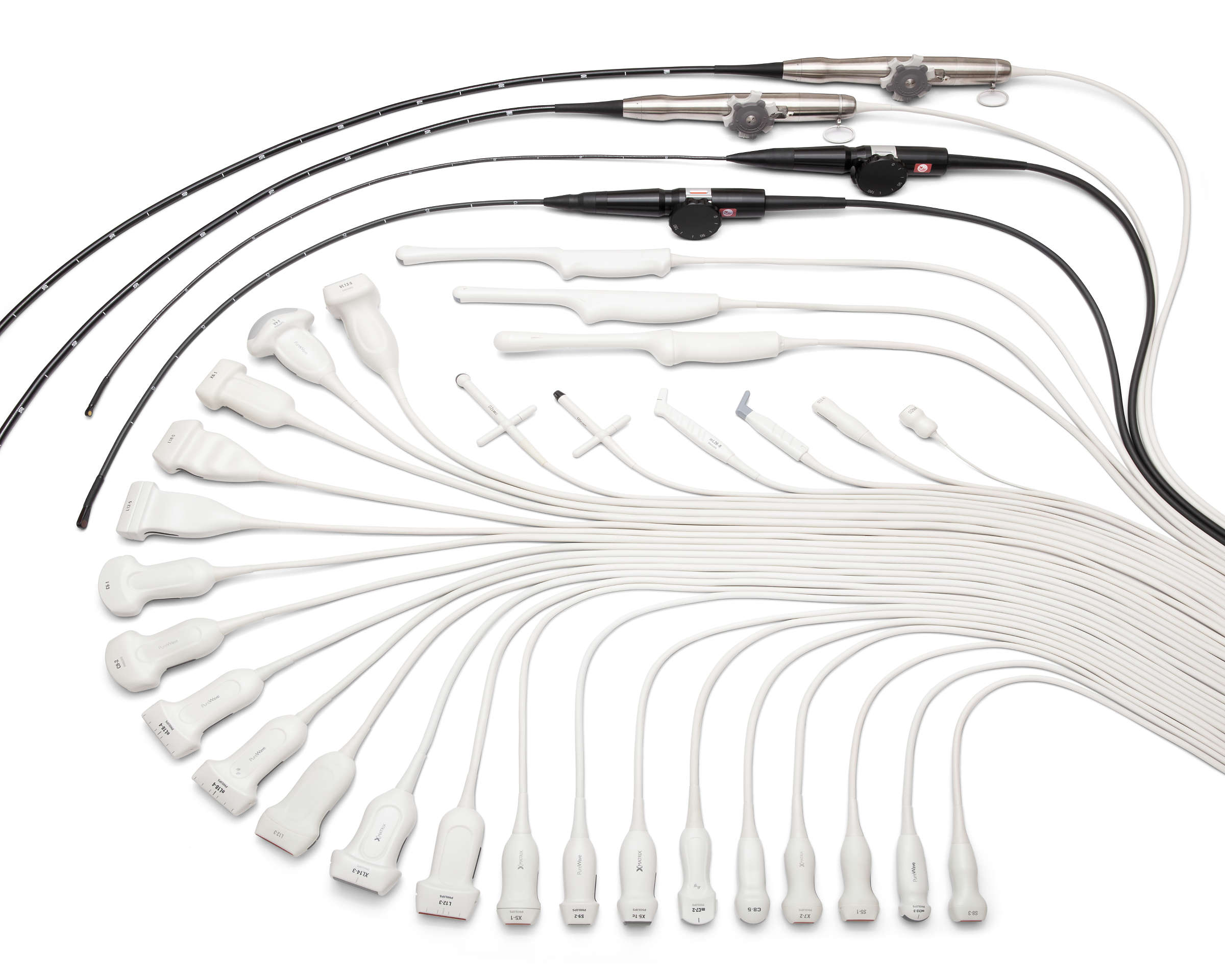 Photo of a range of different types of ultrasound transducers.