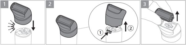 The 3 steps of placing the shaving head onto a lady shaver, then removing it, then lifting out the shaving foil.