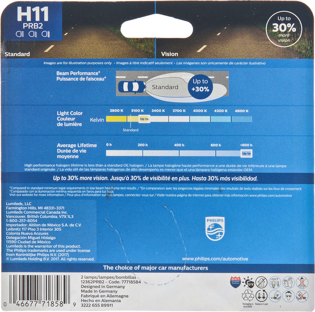 Philips H11 Vision Upgrade Headlight Bulb with up to 30% More Vision 2 Pack,12362PRB2 