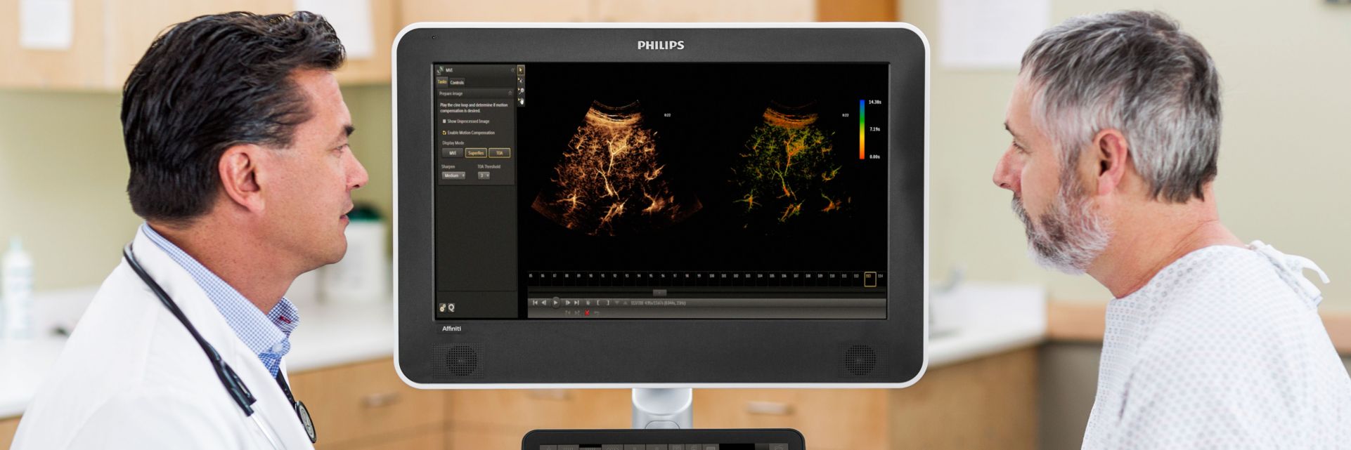 Patient and clinician looking at CEUS ultrasound
