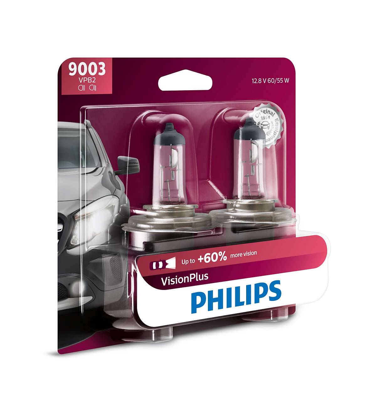 2 Pack Philips 9003 Vision Upgrade Headlight Bulb with up to 30% More Vision 
