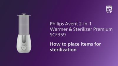 Placering af genstande til sterilisering i Philips Avent 2-i-1 varmer og sterilisator SCF359