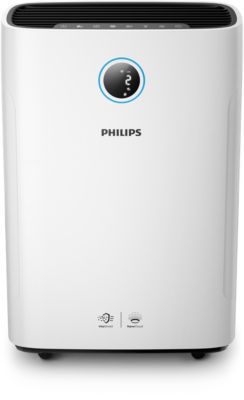 Biały nowoczesny nawilżacz i oczyszczacz powietrza Philips z cyfrowym wyświetlaczem poziomu wilgotności i cząsteczek PM2.5.