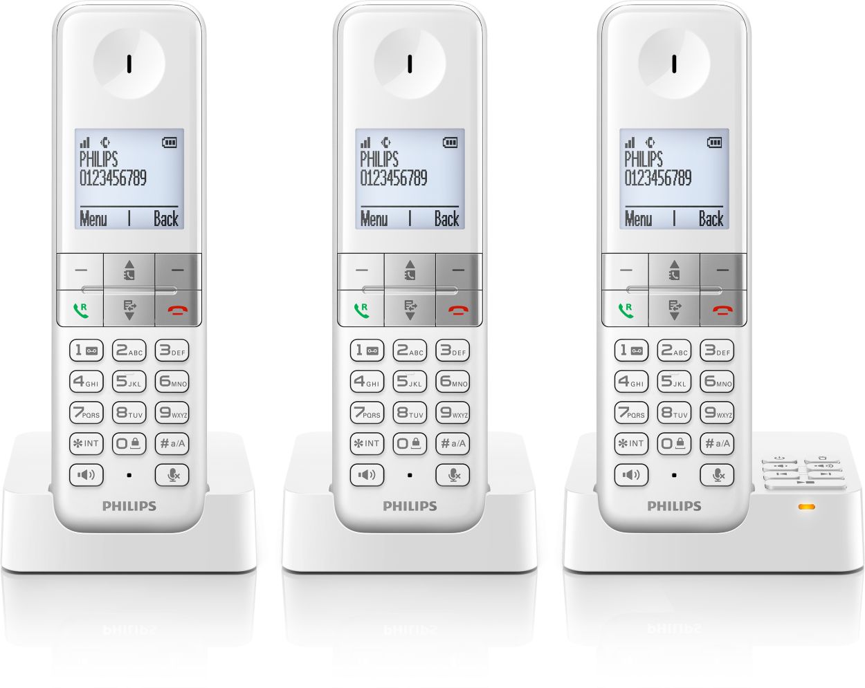 Philips D4053W/FR Téléphone fixe sans fil Trio 3 combinés avec répondeur +  mode silence Blanc