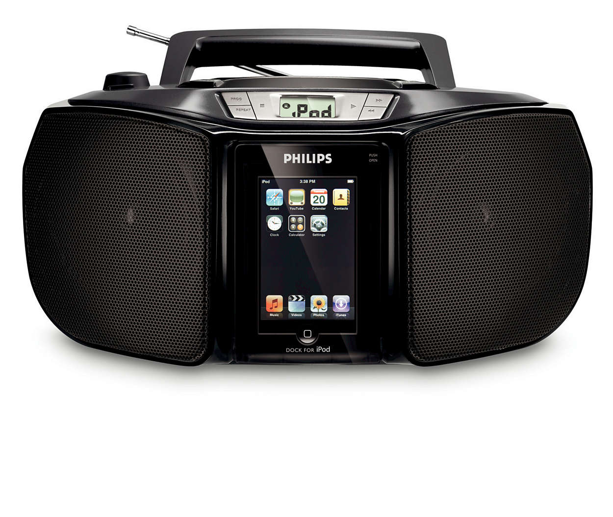 Enjoy iPod and CD music out loud anywhere you go