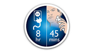 45+ shaving minutes, 8-hour charge