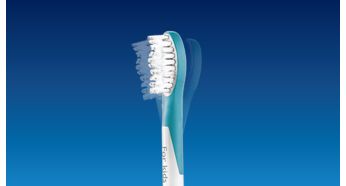Rubberized brush head is designed to protect young teeth