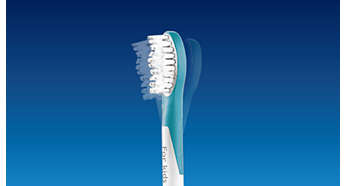 Rubberized brush head is designed to protect young teeth