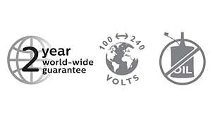 2-year guarantee, worldwide voltage and no need to oil