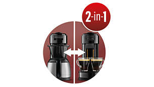 Technologie 2 en 1 pour préparer du café filtre et dosette avec la même machine