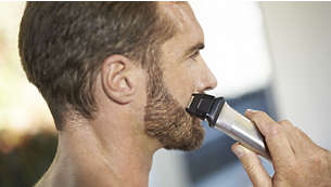 Precision shaver perfects the edges of cheeks, chin and neck
