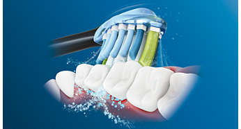 Dynamische Flüssigkeitsströmung unterstützt die Reinigungsleistung der Borsten in den Zahnzwischenräumen