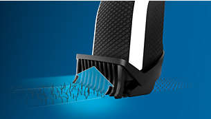 Гребенът Lift & Trim насочва космите към ножчетата за равномерно подстригване