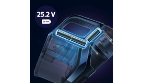 Fino a 65 minuti di autonomia, grazie alle batterie agli ioni di litio da 25V