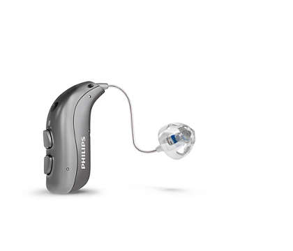 O aparelho auditivo recarregável com recetor no ouvido
