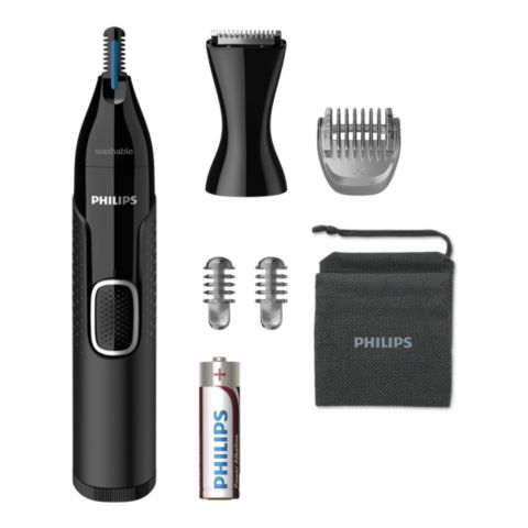 Der Series 5000 mit inkludierter Reisetasche, AA-Batterie und Aufsätzen für Augenbrauen, Bart und Präzision.