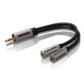 Splits one 3.5 mm headphone jack into two.