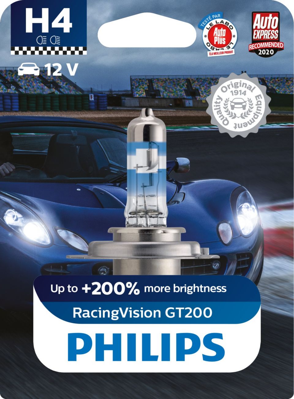 Philips RacingVision GT200 H4 car headlight bulb +200%, set of 2 White