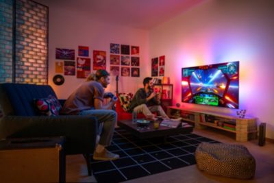 Philips Ambilight TV 65OLED+959 used for immersive console gaming in living room