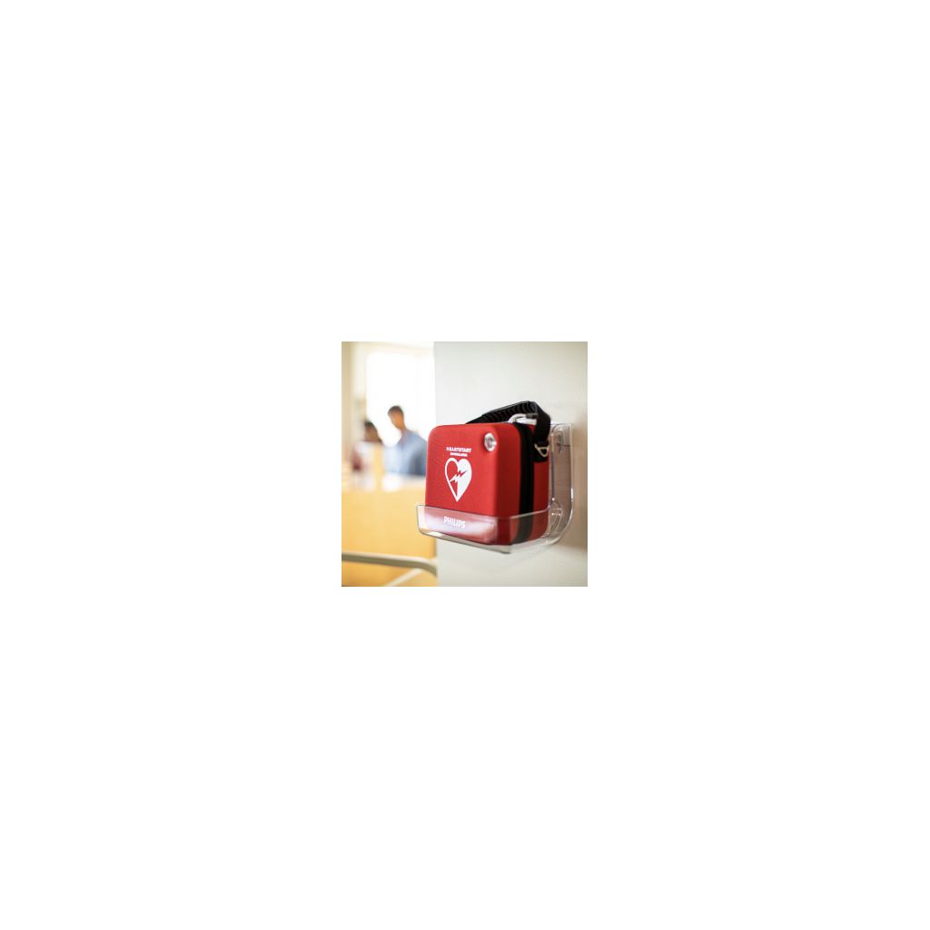 Philips defibrillator in a wall-mounted case, ready for emergency use