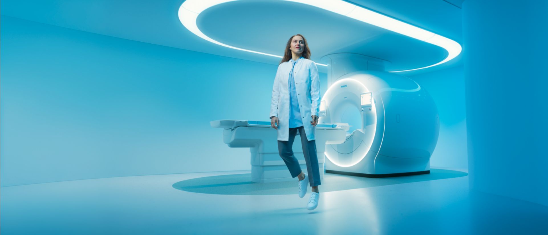 Radiologist floating in front of MRI system