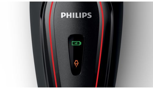 Indikerer, når batteriet er ved at løbe tør for strøm eller er fuldt opladet