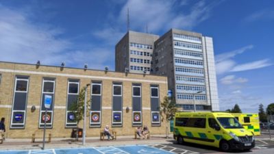 Exterior view of Southend University Hospital, part of Mid and South Essex NHS Foundation Trust