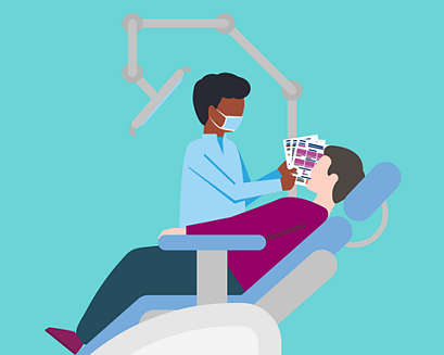 A graphic of a dental professional showing educational brochures 