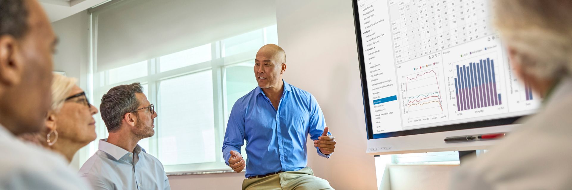 Healthcare leaders review and discuss ECG data and images on a large-format screen. 