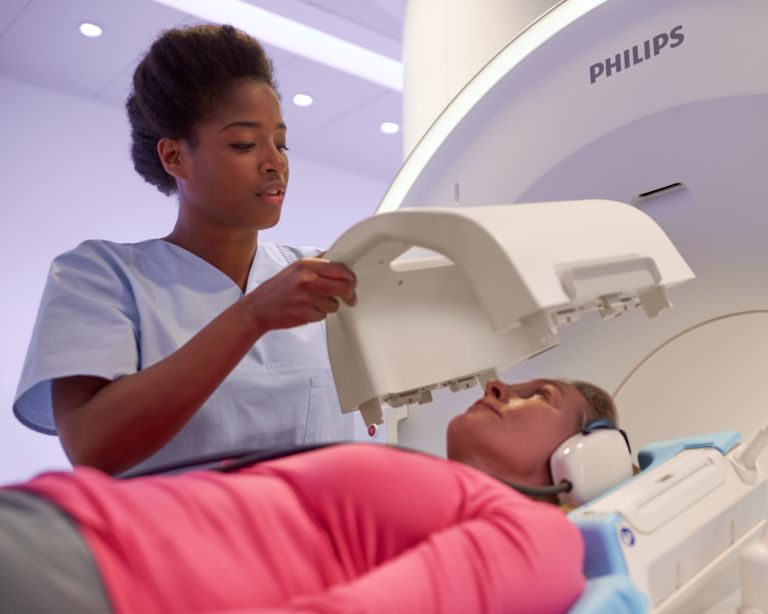 Patient being prepped for brain MRI