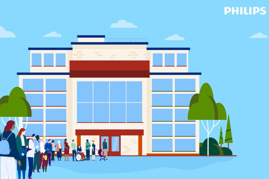 Cartoon animation image of people waiting outside hospital