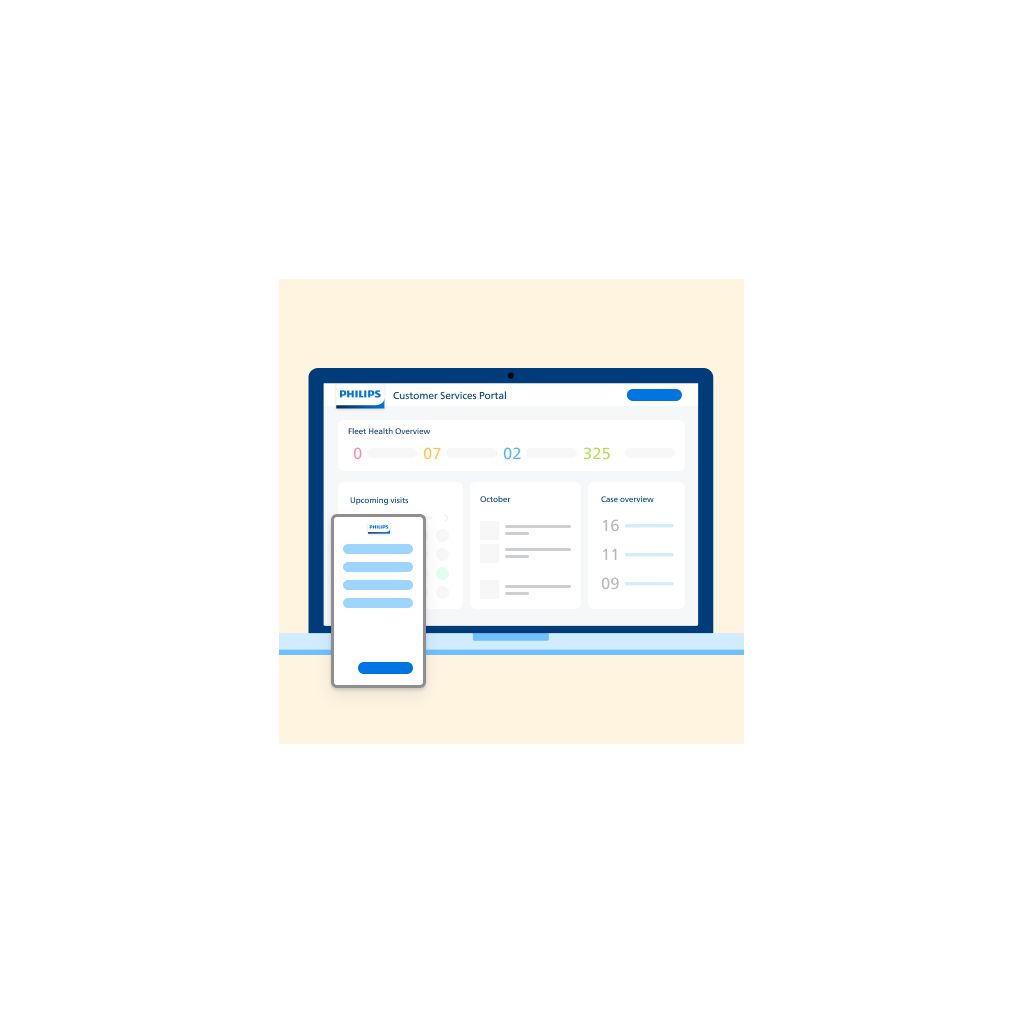  Illustration of a Philips "Fleet Health Overview" dashboard on a laptop, displaying metrics, upcoming visits, and case overview information