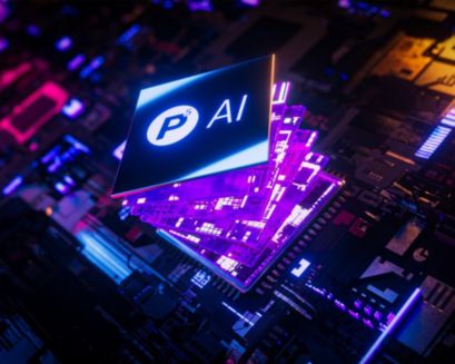 Futuristic P5 AI chip glowing in purple and pink on motherboard