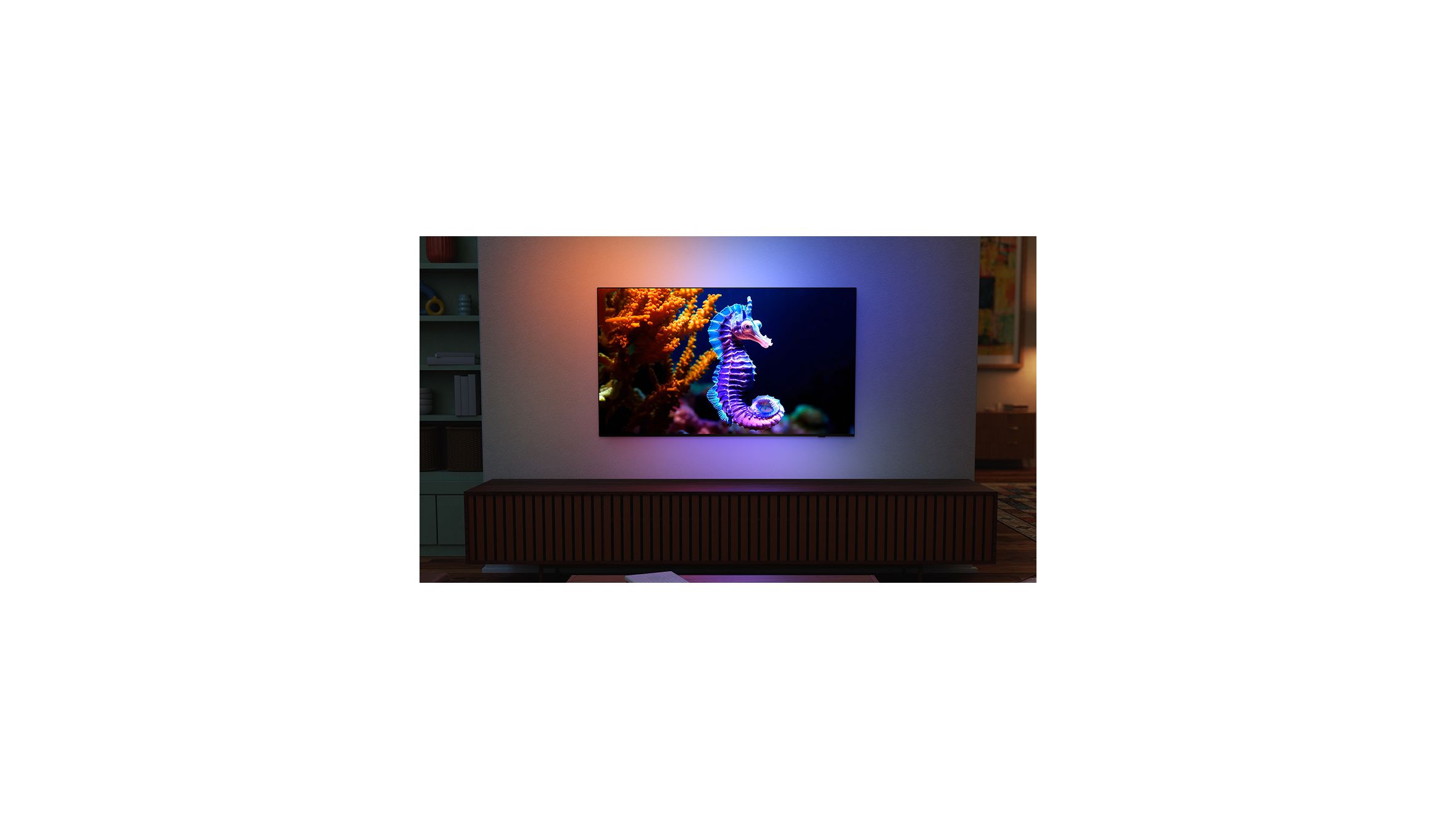 Philips Ambilight QD MiniLED TV displaying a colorful seahorse with ambient light