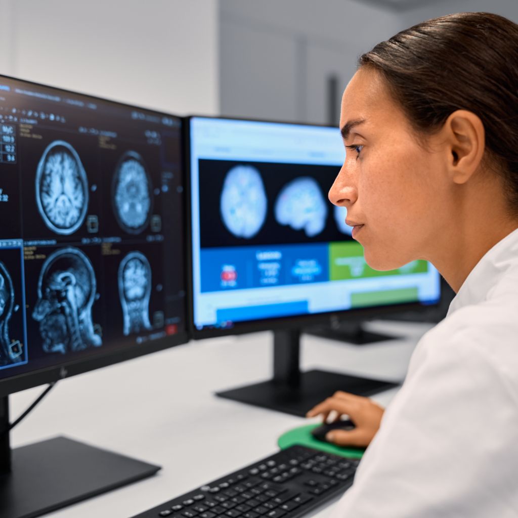 Technologist looking at MR images of the brain and quantitative report of icobrain dm integrated on the mr console