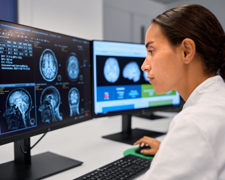 Technologist looking at screen of MR console