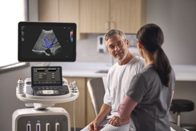 Clinician and patient reviewing ultrasound image on EPIQ system

