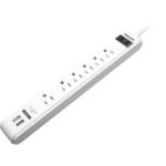 Features six AC outlets and two USB ports