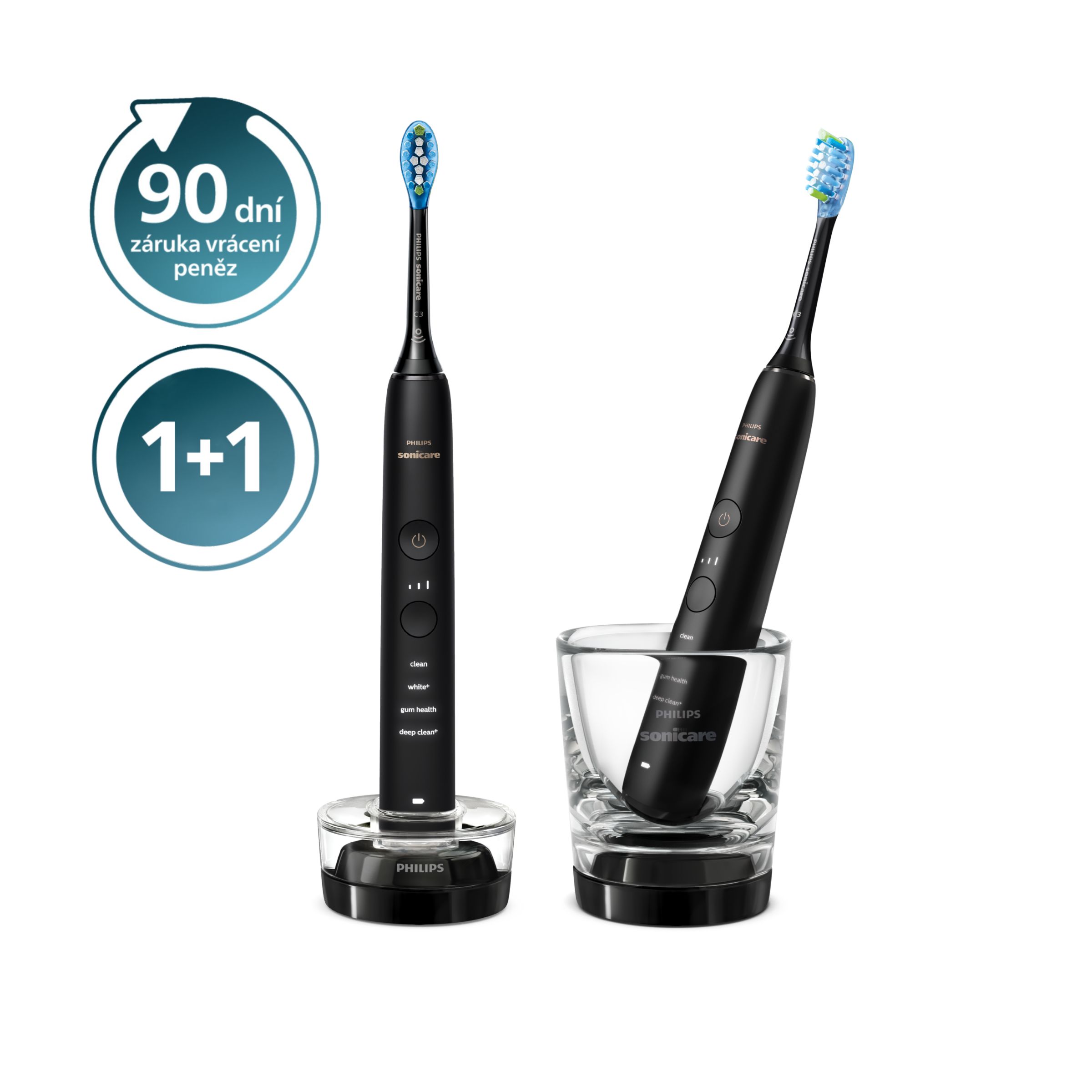 Sonicare Philips 9000 DiamondClean - Sonické Kartáčky S Aplikací A Nabíjecí Sklenička 1+1 - HX9914/54