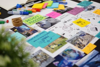Design thinking workspace with sketches