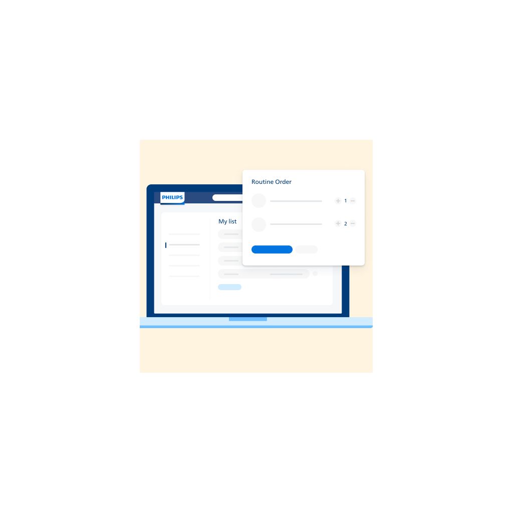 Illustration of a Philips online ordering interface showing a routine order on a laptop screen