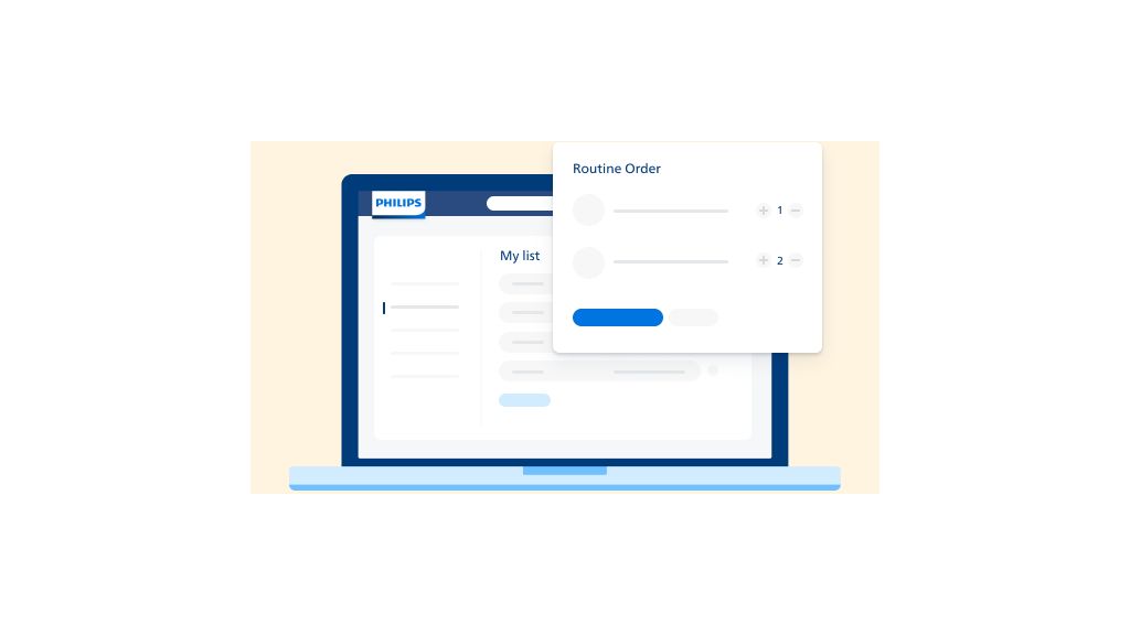 Illustration of a Philips online ordering interface showing a routine order on a laptop screen