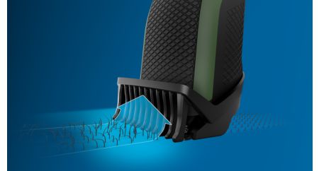 Trims evenly and captures low-lying hairs