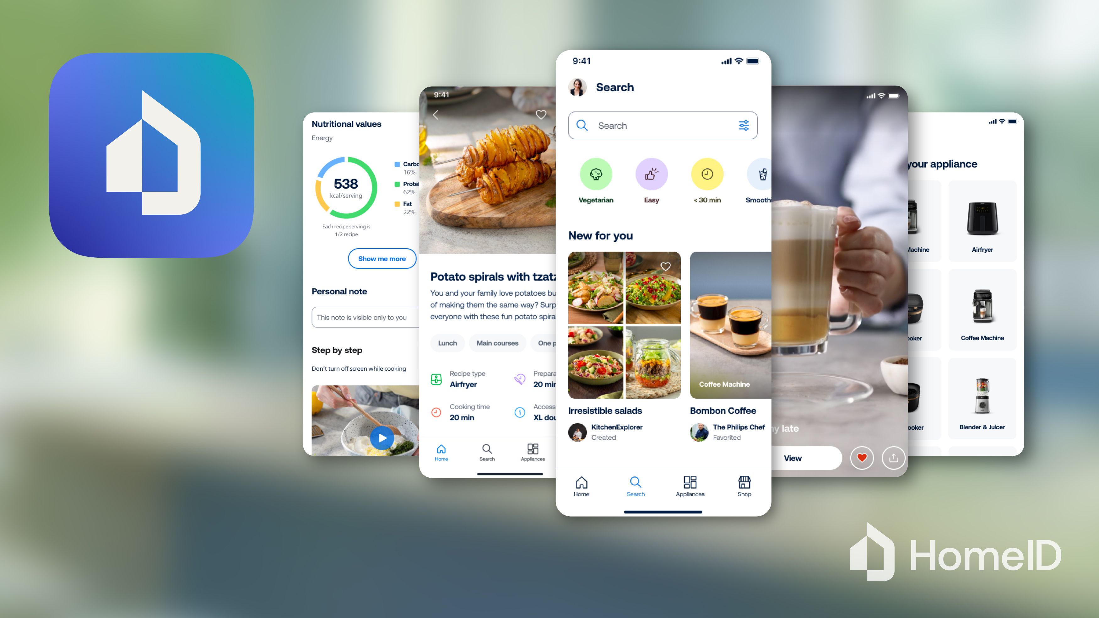 Visual asset showing the HomeID app icon and several overlapping smartphone screens with features such as recipes, search and appliance overview, used as a key visual for the app experience.