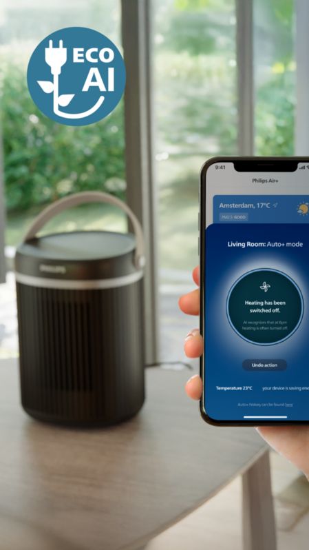 Energoefektīvs Philips sildītājs ar Eco AI tehnoloģiju un lietotni.