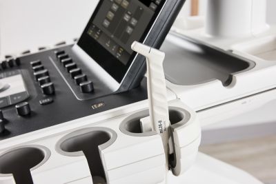 Philips mL26 8 ultrasound transducer placed in system holder
