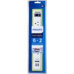 Features six AC outlets and two USB ports